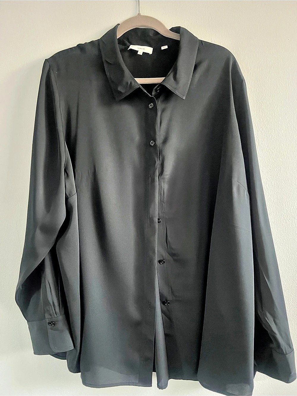 New Vince. Stretch Silk Button-Up Shirt. Black Size 3X